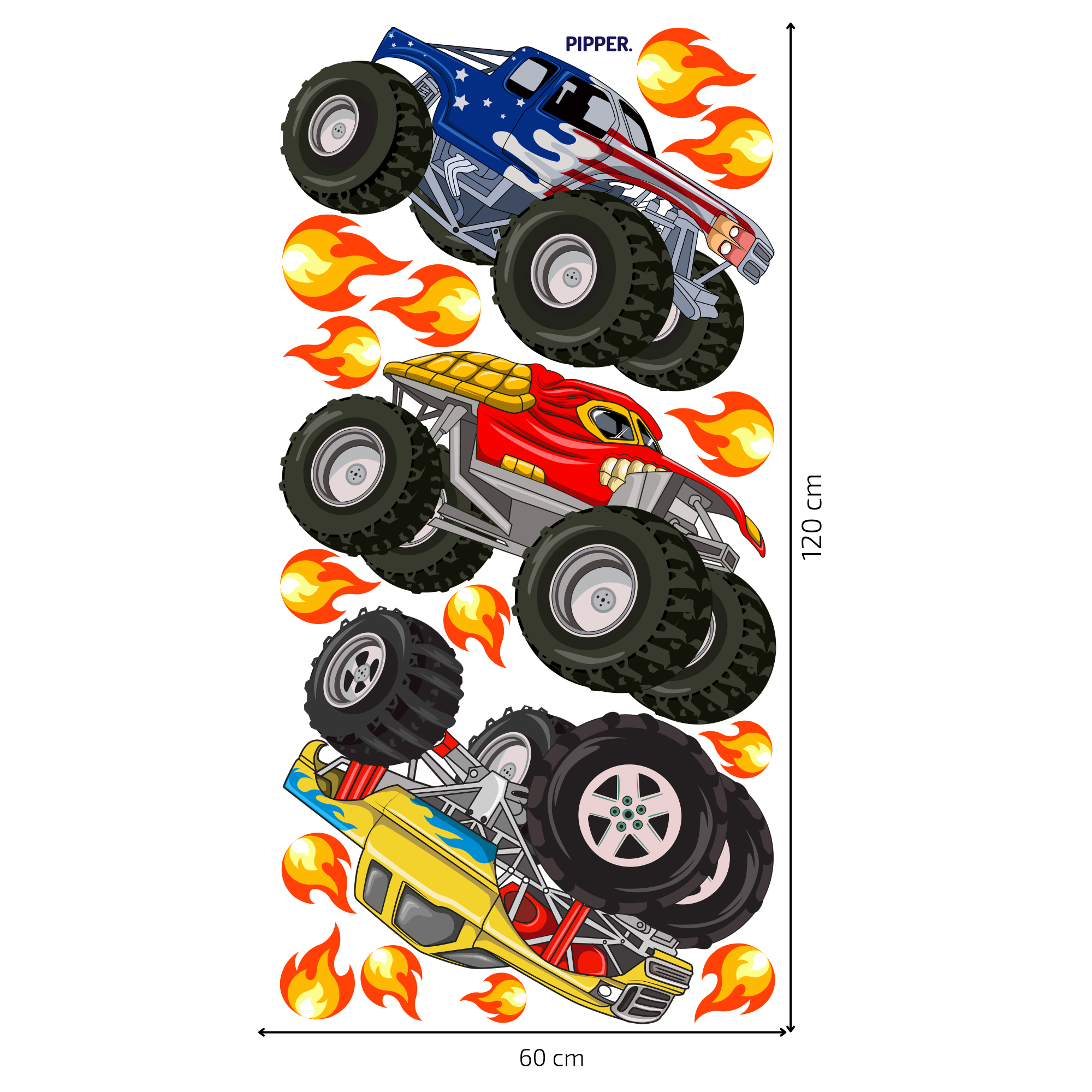 Monster Trucks – 3 autó és 14 láng elrendezése a 60 × 120 cm-es íven